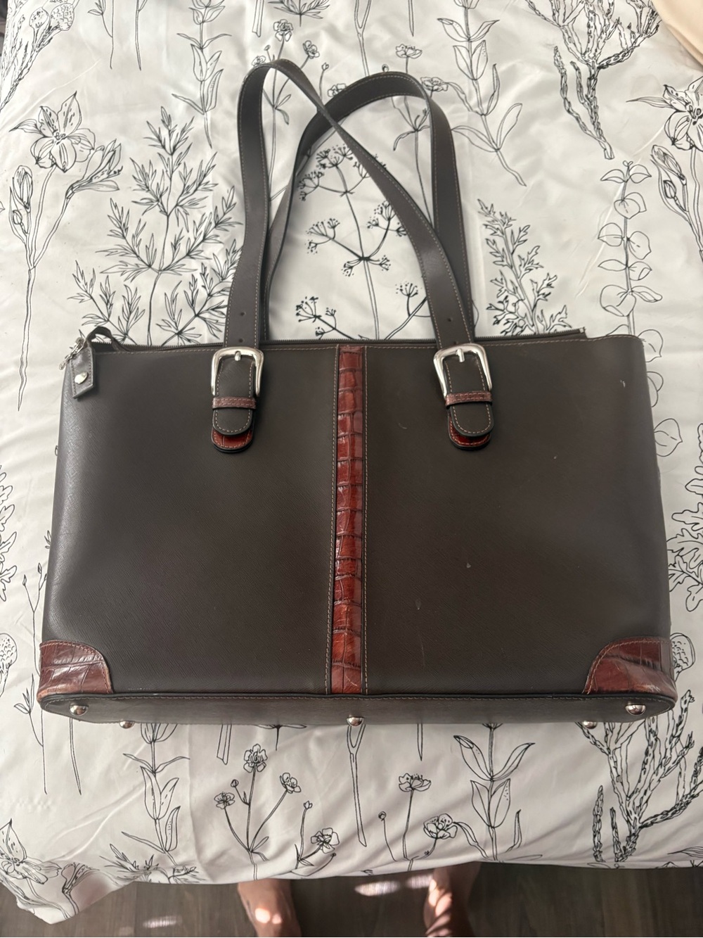 Women's Dark Brown Leather Laptop Tote with Croc-Trim